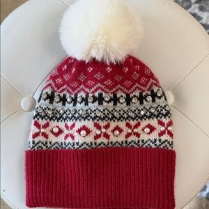 Nine West Red and White Kids Pom-Pom Beanie